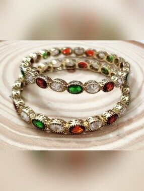 Vtg. Multicolors Stones Gold Plated Bangles Bracelet